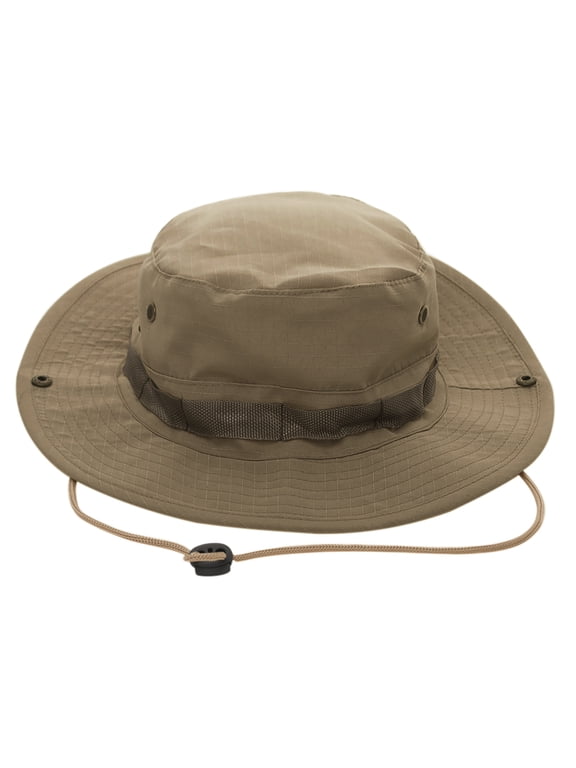 Fishing Hat Wide Brim Bucket Boonie Hat with Chin Strap for Adult & Teens-Khaki-L