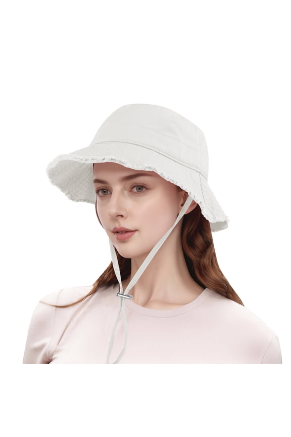 Frayed Bucket Sun Hats Casual Wide Brim Cotton Beach Hat Vacation Travel Accessories Unisex-Beige