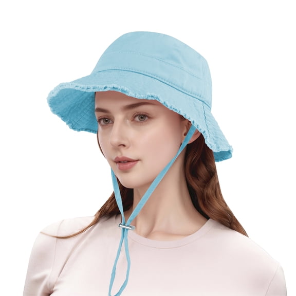 TOPTIE Frayed Bucket Sun Hats Casual Wide Brim Cotton Beach Hat Vacation Travel Accessories Unisex-SkyBlue