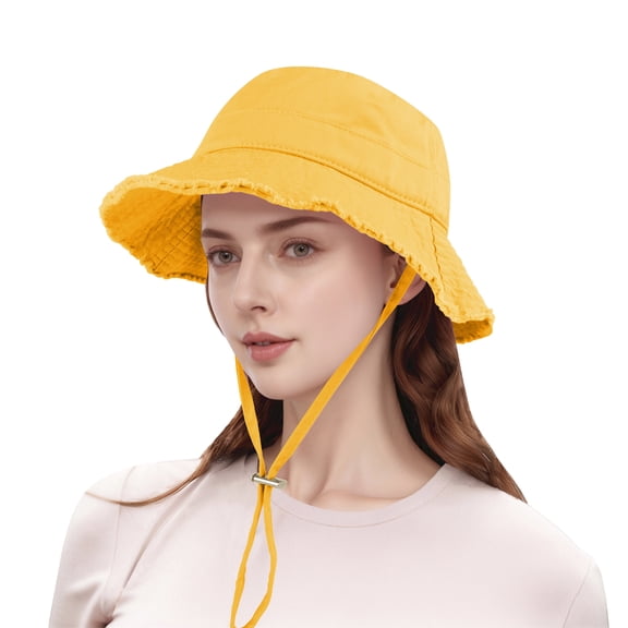 TOPTIE Frayed Bucket Sun Hats Casual Wide Brim Cotton Beach Hat Vacation Travel Accessories Unisex-Yellow