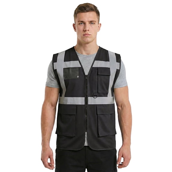 TOPTIE Hi-Vis Safety Vest Reflective Breathable Construction Work Uniform-Black-XL