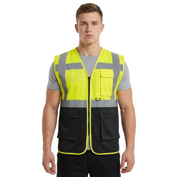 TOPTIE Hi-Vis Safety Vest Reflective Breathable Construction Work Uniform-Neon Yellow and Black-XL