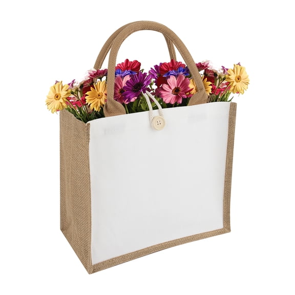 TOPTIE Jute Tote Bag with Handles for Travel, Reusable Canvas Grocery Bag with Button Closure Beach Bag