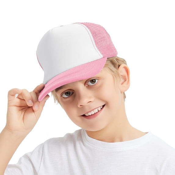 TOPTIE Kids 5 Panel Trucker Cap Mesh Snapback Hat Foam Front for Boys Girls Aged 3-7 Years Old-Pink/White