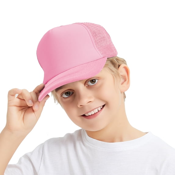 TOPTIE Kids 5 Panel Trucker Cap Mesh Snapback Hat Foam Front for Boys Girls Aged 3-7 Years Old-Pink