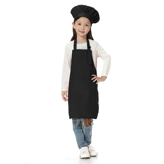 TOPTIE Kids Apron and Chef Hat Set, Adjustable Cotton Child Cooking Kitchen Apron, S-XXL-Black-M