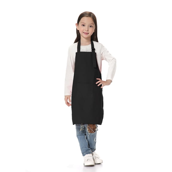 TOPTIE Kids Aprons with Pocket & Adjustable Strap, Child Chef Bib Apron for Kitchen Cooking Baking Painting-Black-M