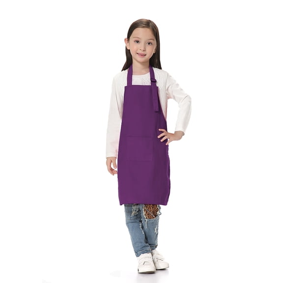 TOPTIE Kids Aprons with Pocket & Adjustable Strap, Child Chef Bib Apron for Kitchen Cooking Baking Painting-Purple-L