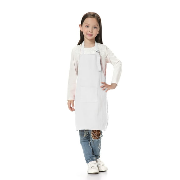 TOPTIE Kids Aprons with Pocket & Adjustable Strap, Child Chef Bib Apron for Kitchen Cooking Baking Painting-White-L