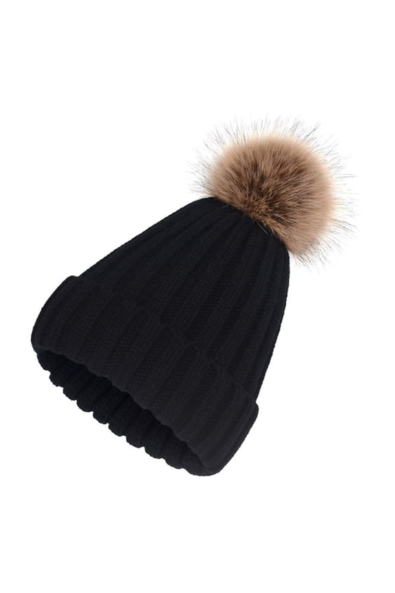 Knit Hat Faux Fur Pom Pom Beanie Hat Winter Fleece Lined Cable-Black
