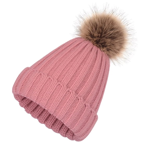 TOPTIE Knit Hat Faux Fur Pom Pom Beanie Hat Winter Fleece Lined Cable-Pink