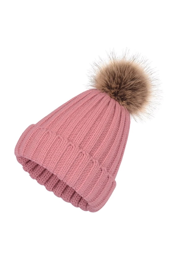 Knit Hat Faux Fur Pom Pom Beanie Hat Winter Fleece Lined Cable-Pink