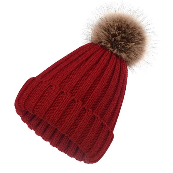 TOPTIE Knit Hat Faux Fur Pom Pom Beanie Hat Winter Fleece Lined Cable-Winered