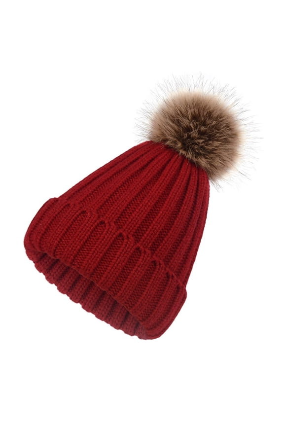 Knit Hat Faux Fur Pom Pom Beanie Hat Winter Fleece Lined Cable-Winered