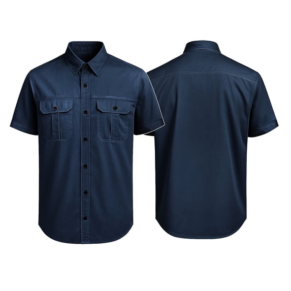 TOPTIE Men Cotton Short Sleeve Fishing Shirt for Work Travel Dual Button Pockets Retro Work Shirt-Navy-L
