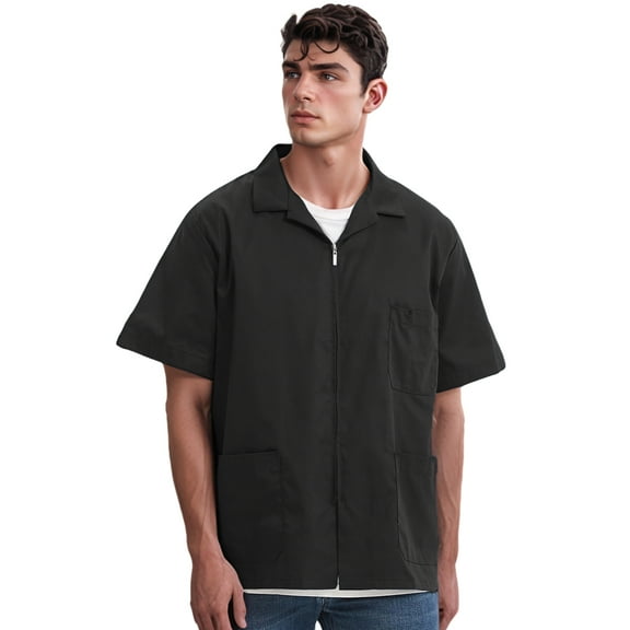 TOPTIE Men Essentials Relaxed Fit Zippered Short Sleeved Jacket Utility Workwear-Black-M