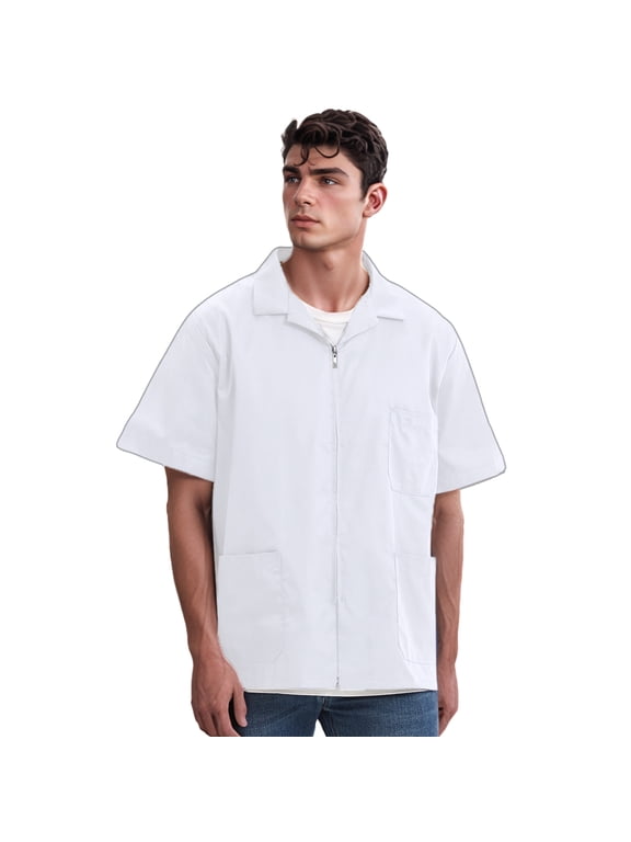 Unisex Essentials Relaxed Fit Zippered Short Sleeved Jacket Utility Workwear-White-XL