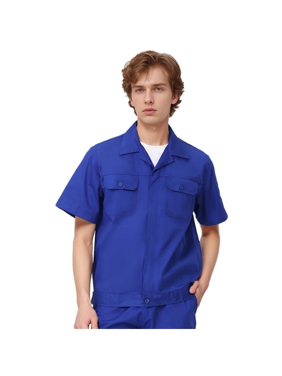Men Work Shirt Short Sleeve Utility Shirt, Hidden Buttons 2 Pockets, Notch Lapel Collar-Blue-L