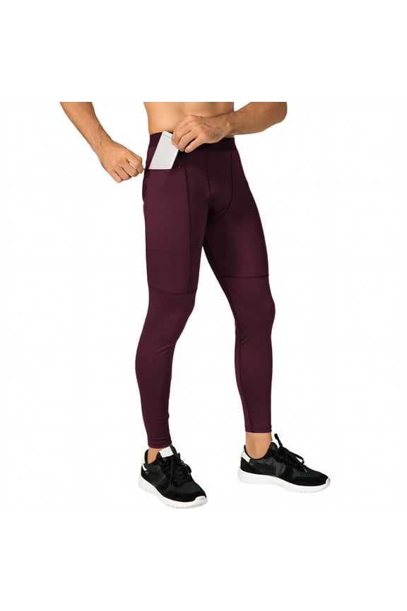 Men's Compression Pants, Zipper Pocket Sports Leggings, Base Layer Workout Pants-Maroon-L