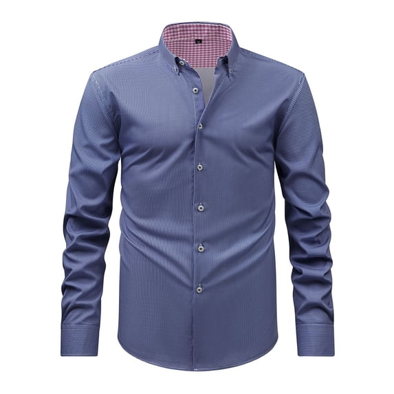 TOPTIE Men's Dress Shirts Plaid Printed Stretch Long Sleeve Button Down Casual Business-Navy Blue-S