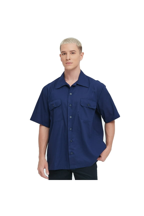 Men's Short-Sleeve Work Shirt Industrial Poplin Work Shirt, Workwear Men's Uniform-Navy-2XL