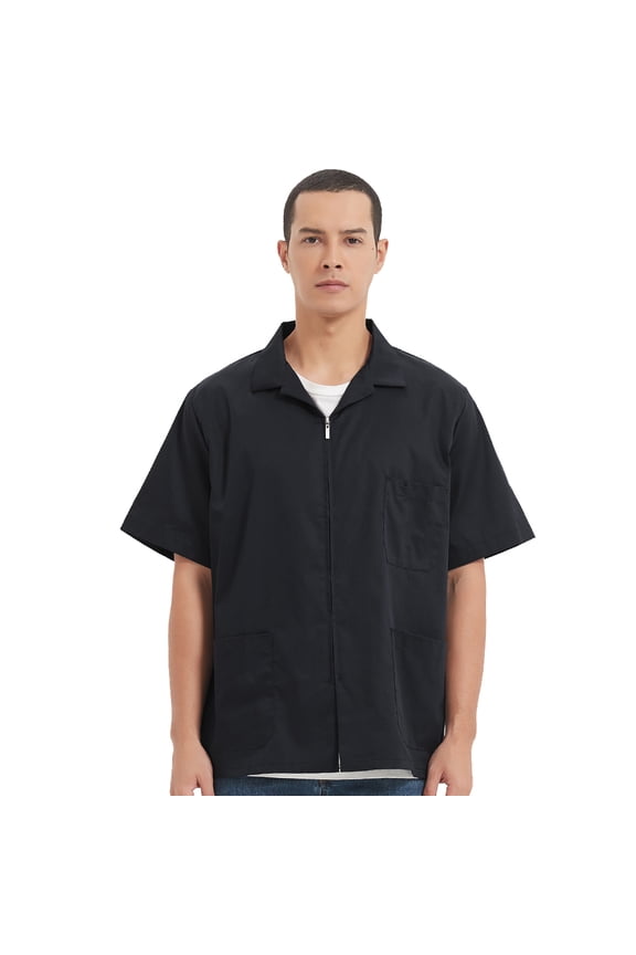 Men's Zip Front Smock Short-Sleeve Zippered Work Shirt Utility Jacket-Black-L