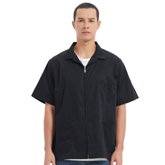 TOPTIE Men's Zip Front Smock Short-Sleeve Zippered Work Shirt Utility Jacket-Black-L