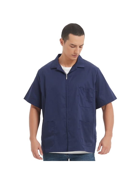 Men's Zip Front Smock Short-Sleeve Zippered Work Shirt Utility Jacket-Navy-L