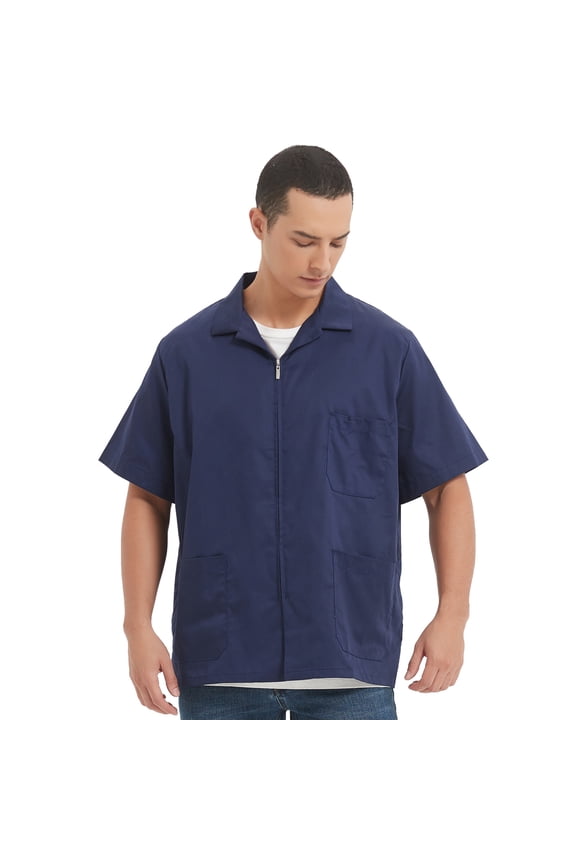 Men's Zip Front Smock Short-Sleeve Zippered Work Shirt Utility Jacket-Navy-L