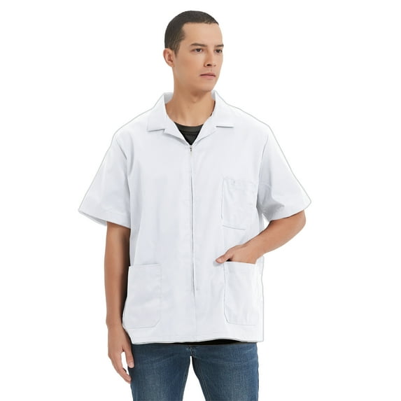 TOPTIE Men's Zip Front Smock Short-Sleeve Zippered Work Shirt Utility Jacket-White-S
