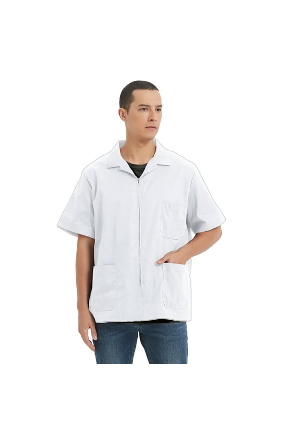 Men's Zip Front Smock Short-Sleeve Zippered Work Shirt Utility Jacket-White-XL