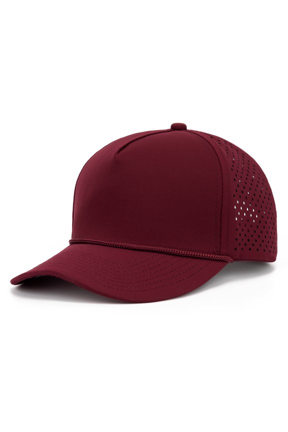 Perforatd Trucker Hat with Rope, 5 Panel Quick Dry Snapback Cap - Wine Red
