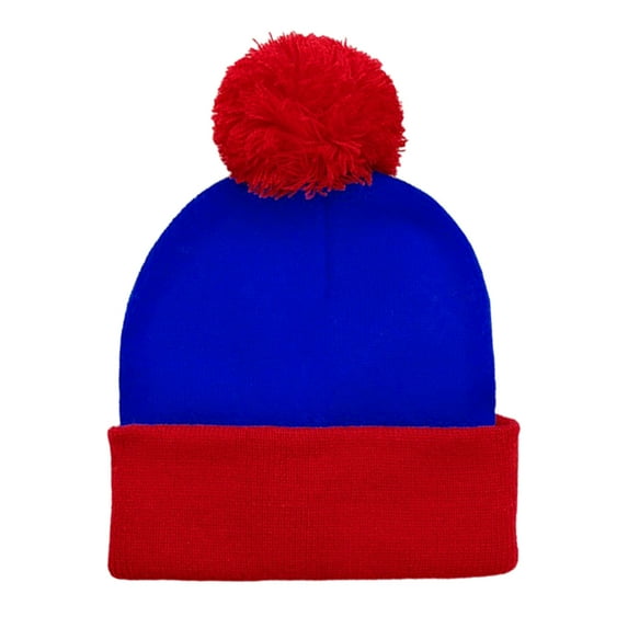 TOPTIE Pom Pom Beanie Hat 2-Tone Long Cuff Knit Color Block Winter Beanie Skull Cap for Men & Women-BlueRed