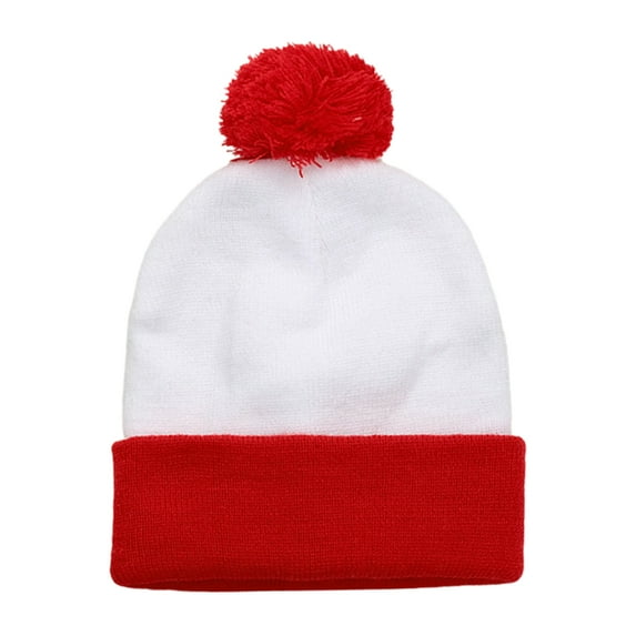 TOPTIE Pom Pom Beanie Hat 2-Tone Long Cuff Knit Color Block Winter Beanie Skull Cap for Men & Women-WhiteRed