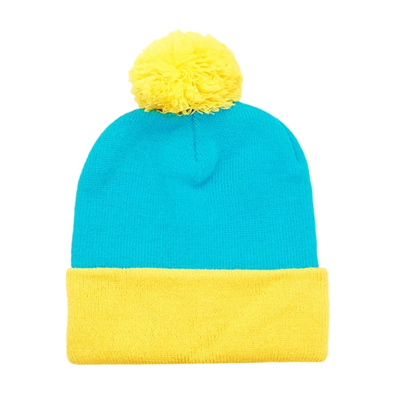 TOPTIE Pom Pom Beanie Hat 2-Tone Long Cuff Knit Color Block Winter Beanie Skull Cap for Men & Women-YELLOWBLUE
