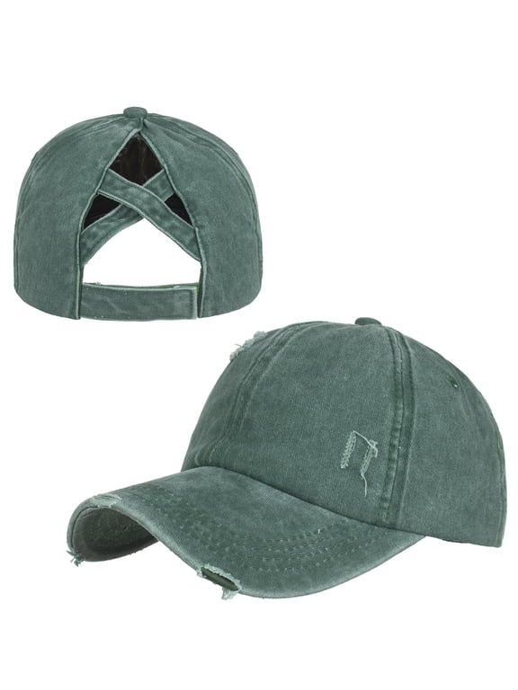 Ponytail Hat Criss Cross Messy High Bun Distressed Cap Baseball Hat-Army Green