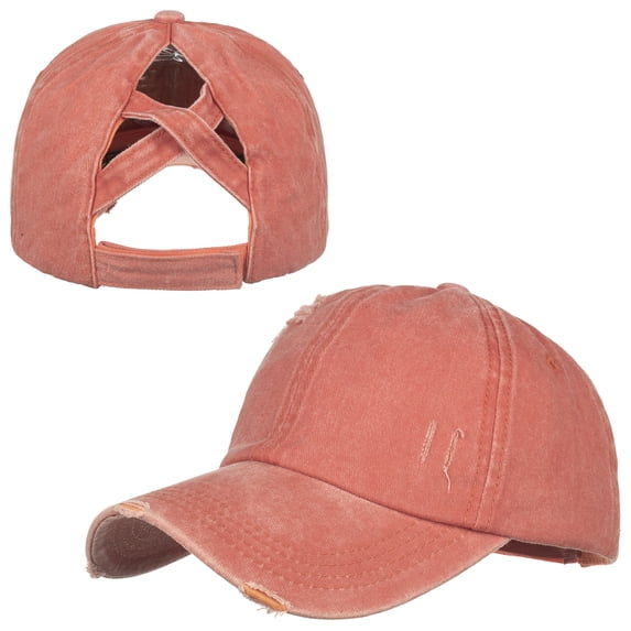 TOPTIE Ponytail Hat Criss Cross Messy High Bun Distressed Cap Baseball Hat-Orange