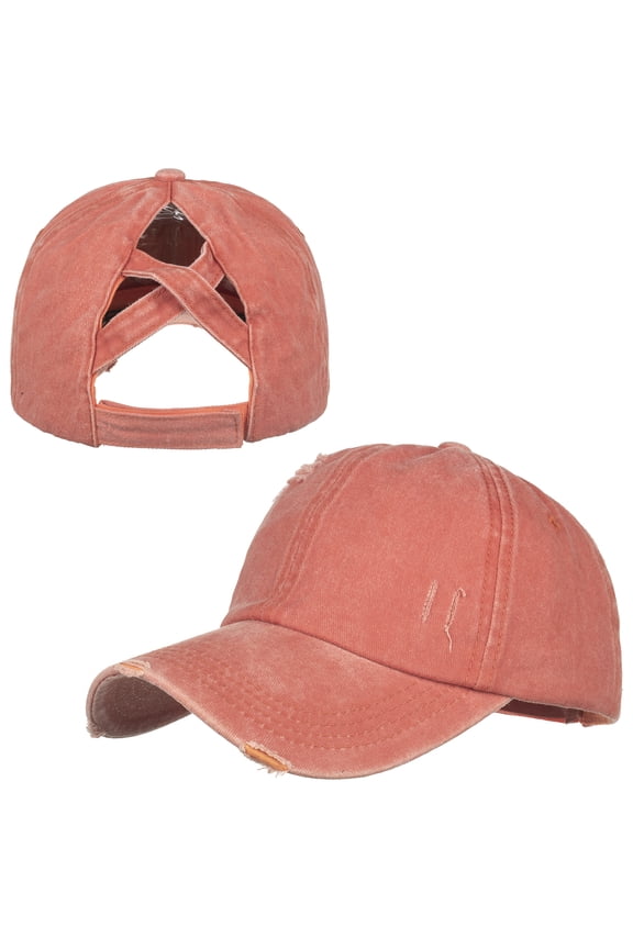 Ponytail Hat Criss Cross Messy High Bun Distressed Cap Baseball Hat-Orange