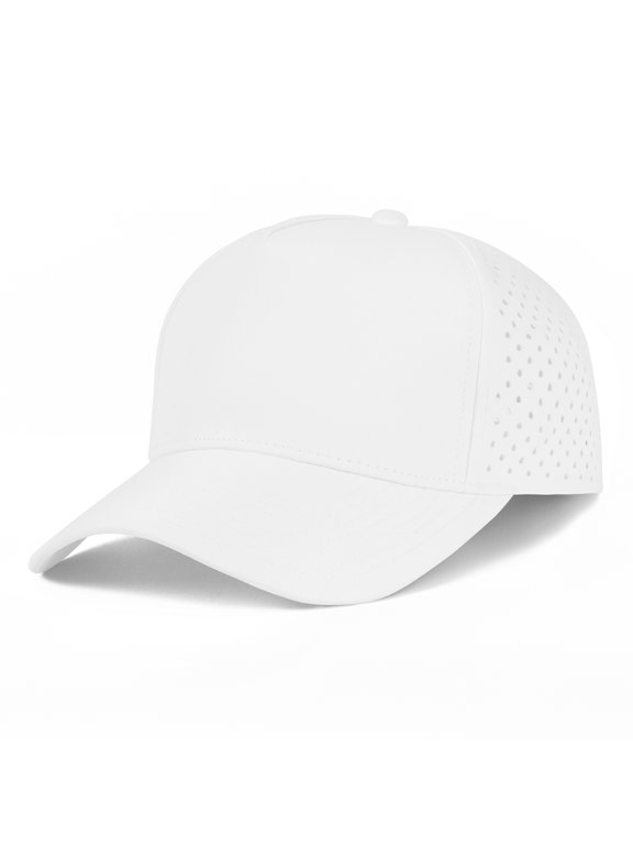 Quick Dry Baseball Cap, Vented Performance Laser Cut Mesh Hat, Adjustable Snapback Cap for Men and Women - White