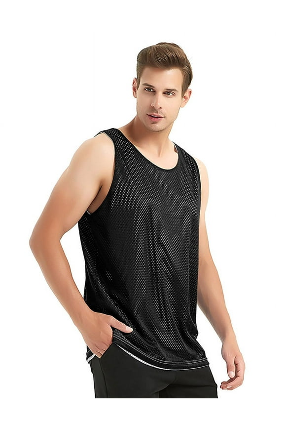 Reversible Basketball Jerseys Men's Tank Top Mesh Tank Lacrosse Jersey for Adult Youth-Black/White-M