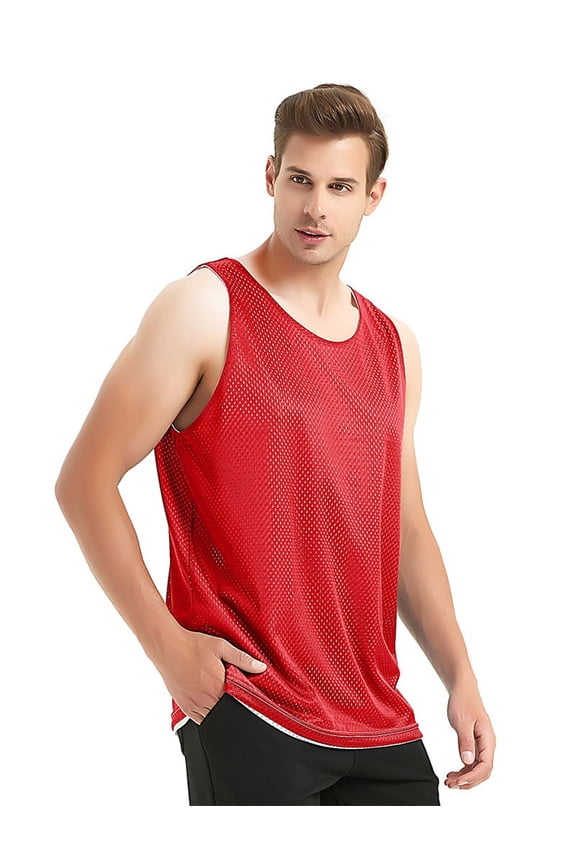 Reversible Basketball Jerseys Men's Tank Top Mesh Tank Lacrosse Jersey for Adult Youth-Red/White-XL