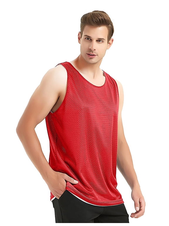 Reversible Basketball Jerseys Men's Tank Top Mesh Tank Lacrosse Jersey for Adult Youth-Red/White-XL