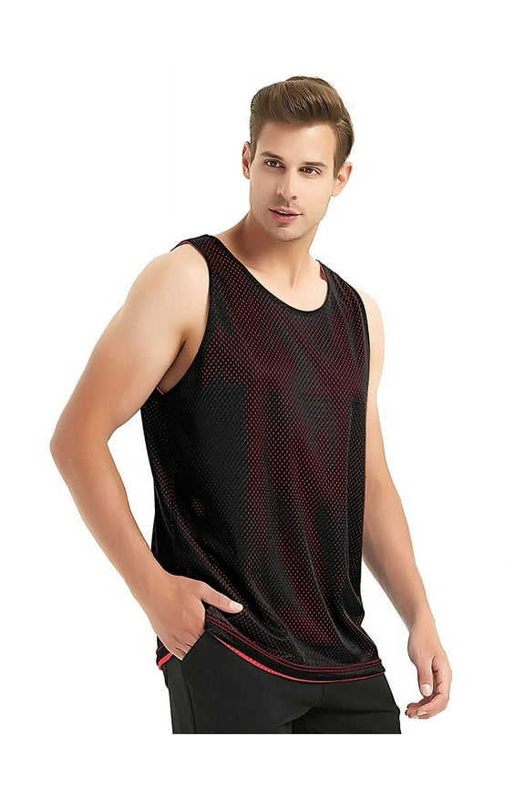 Reversible Basketball Jerseys Men's Tank Top Mesh Tank Lacrosse Jersey for Adult Youth-black/red-XXL