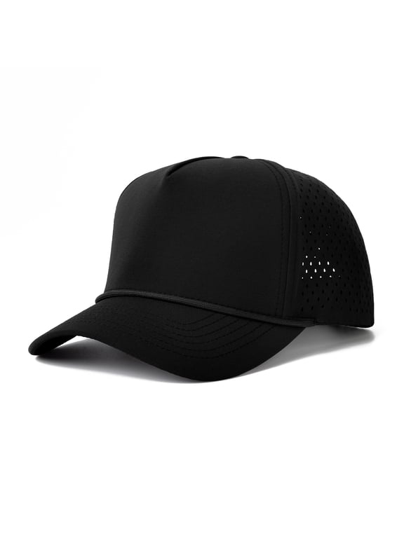 Snapback Baseball Cap with Rope, Adjustable Vented Performance Hat, Laser Cut Mesh Cap for Men Women - Black