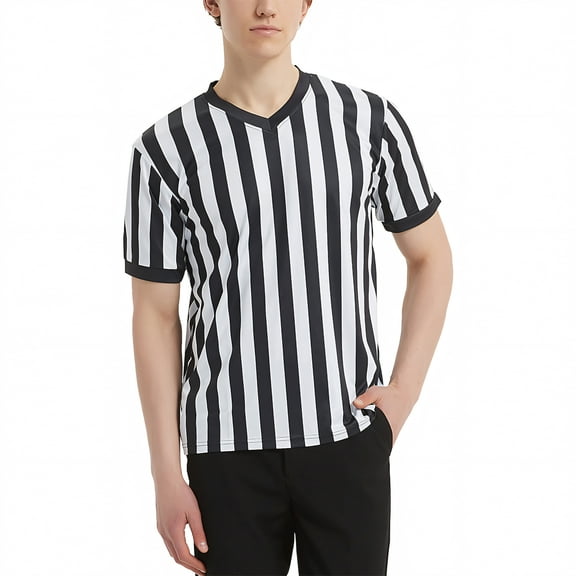 TOPTIE Sporting Goods Men's Referee Shirt Official V-Neck Black & White Stripe Jersey-L
