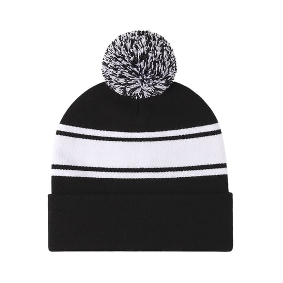 TOPTIE Striped Cuffed Beanie with Pom Pom Unisex Winter & Sports Hat-Black
