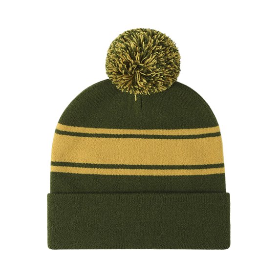 TOPTIE Striped Cuffed Beanie with Pom Pom Unisex Winter & Sports Hat-Green