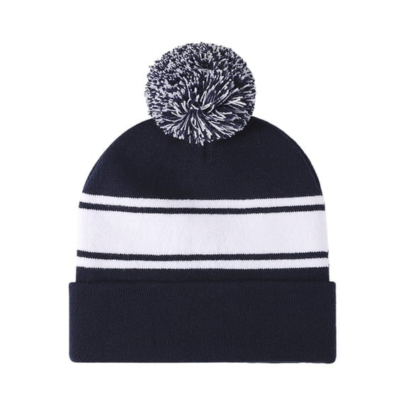 TOPTIE Striped Cuffed Beanie with Pom Pom Unisex Winter & Sports Hat-Navy