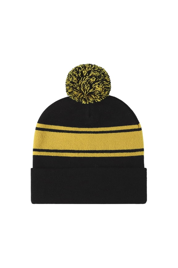 Striped Cuffed Beanie with Pom Pom Unisex Winter & Sports Hat-YELLOWBLACK