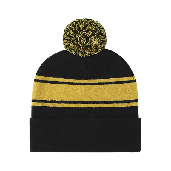 TOPTIE Striped Cuffed Beanie with Pom Pom Unisex Winter & Sports Hat-YELLOWBLACK